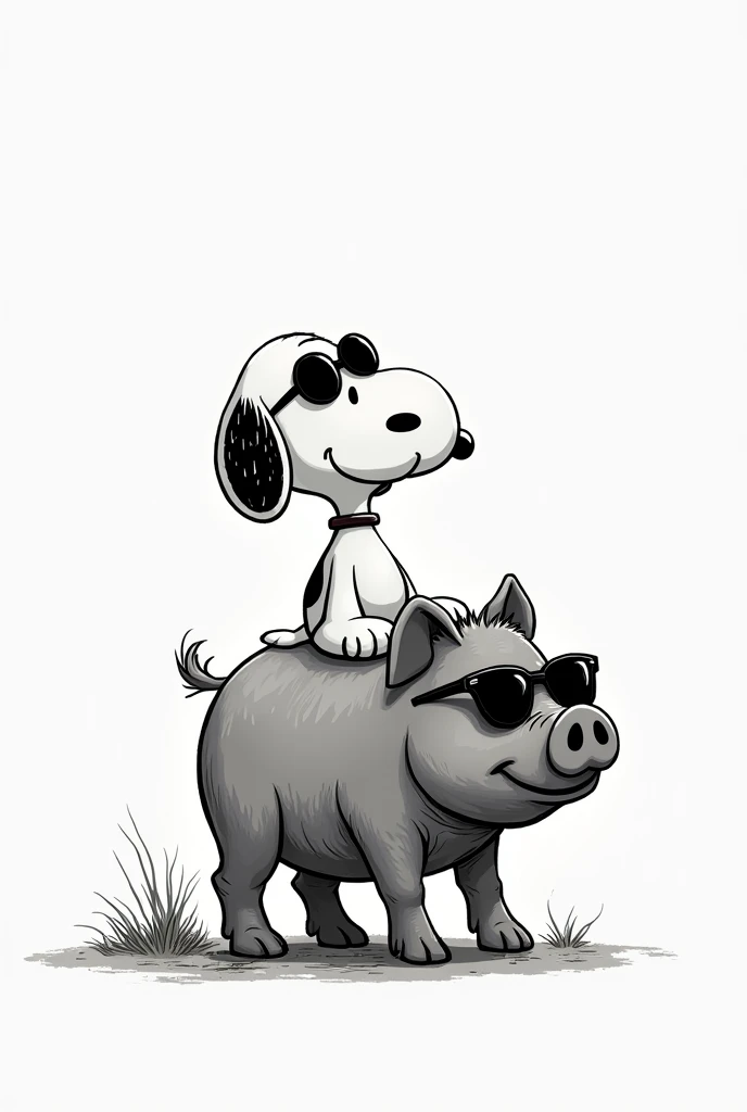 Snoopy wearing sunglasses riding a cool pig monochrome