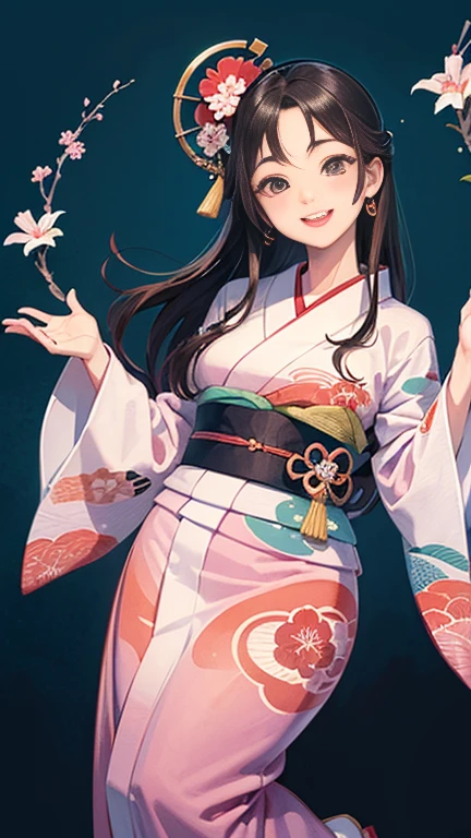 A beautiful woman smiles and shows her upper white teeth、Vividly colored Japanese Ukiyo-e style illustrations、(SeaArt creates stunning illustrations of beautiful women in kimono)、Brown-black long hair、Beautiful full body style、Let's dance a little Tokyo Ondo Yoiyoi、Beautiful digital painting,、Bright vibrant digital anime art、 Detailed digital anime art、 Beautiful anime portraits、background、Torii gate of a shrine in Kyoto, Japan、Detailed CG、