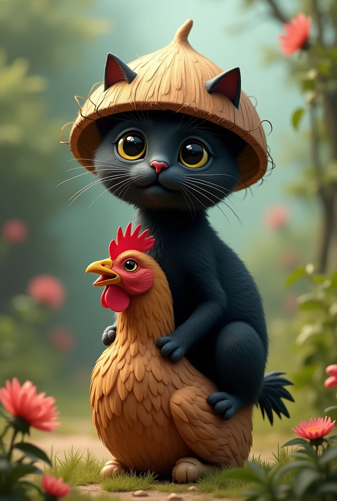 Black cat with coconut helmet on head named cocojumbo sits on chicken