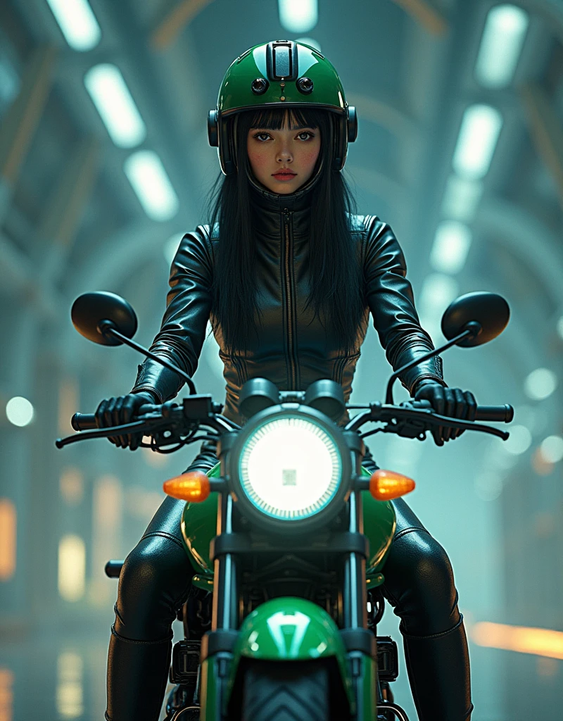 Highest picture quality, outstanding details, Ultra High Definition, (realism: 1.4), best illustration, prefer details, very compressed 1 girl, with a gentle and beautiful face, dressed in black and green leather, wearing a mechanical helmet, holding a direction controller in her hands, riding a motorcycle, the background is a high-tech light scene of a future city.