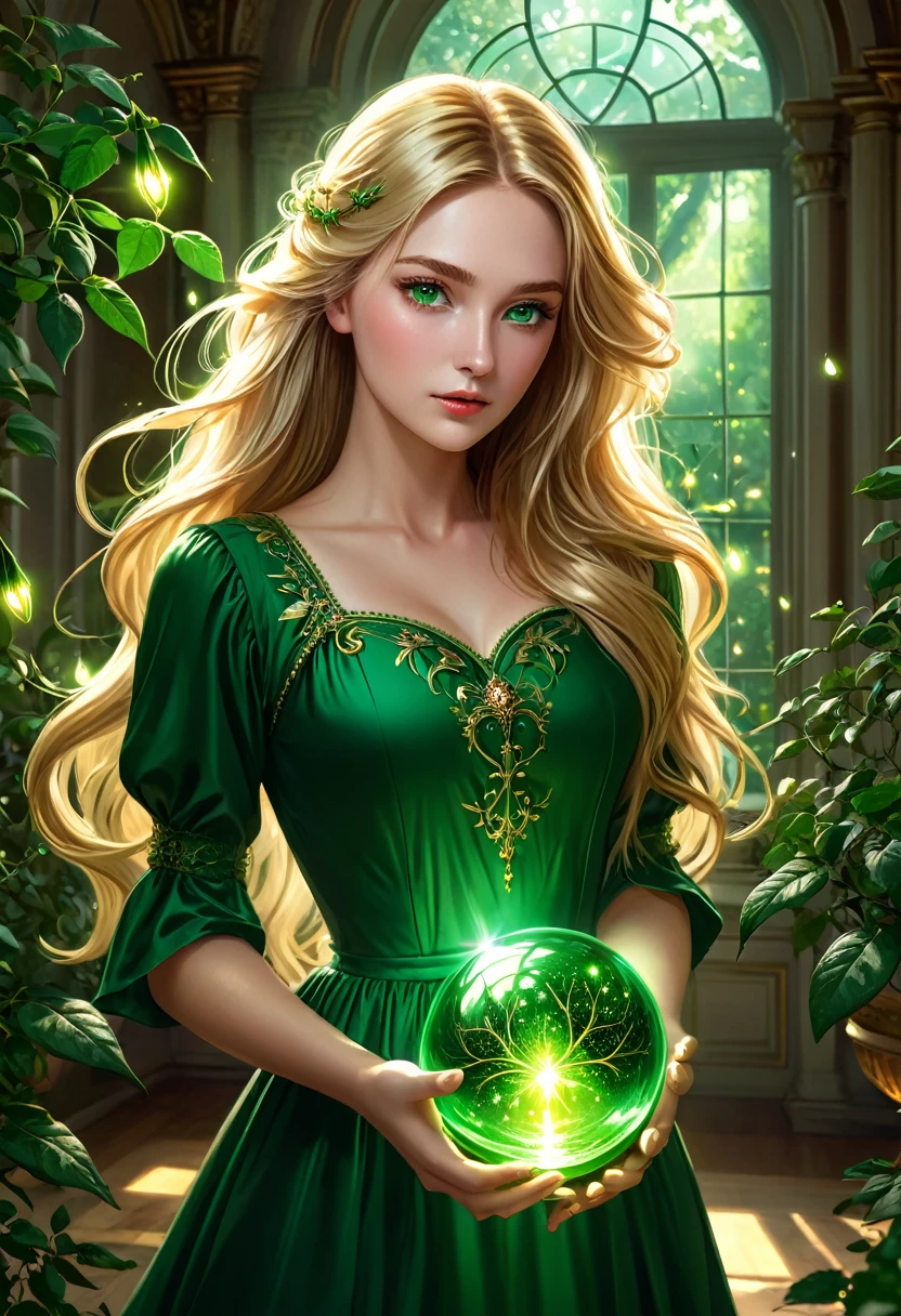 Beautiful girl, Young, 25 years, long light golden hair, green eyes, long, thick eyelashes, Light Healer, Combat, Strong, in a simple green dress from the 19th century, shining sphere in hands, in the mansion, Fireflies, trees and plants, rose with thorns, unearthly beauty, fantasy, digital art, bright light, complex parts, Focus on the face, Exquisite, sharpness, depth, photorealism, professional photo, cgi, diffuse reflection, full hd wallpaper, epic, k, f/16, 1/300s, s750, HDR, ultrahd, 50mm lens