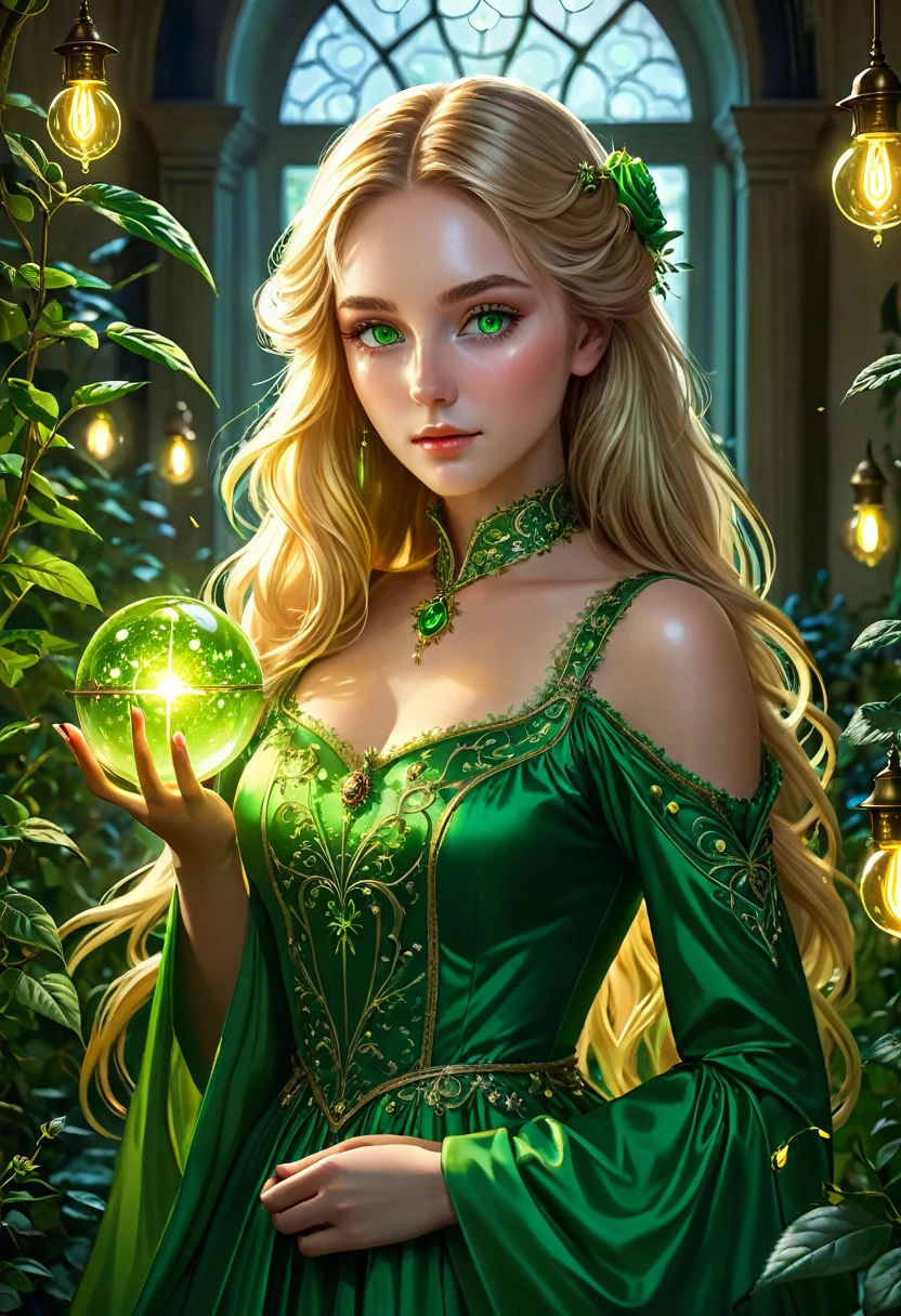 Beautiful girl, Young, 25 years, long light golden hair, green eyes, long, thick eyelashes, Light Healer, Combat, Strong, in a simple green dress from the 19th century, shining sphere in hands, in the mansion, Fireflies, trees and plants, rose with thorns, unearthly beauty, fantasy, digital art, bright light, complex parts, Focus on the face, Exquisite, sharpness, depth, photorealism, professional photo, cgi, diffuse reflection, full hd wallpaper, epic, 64k, f/16, 1/300s, s750, HDR, ultrahd, 50mm lens