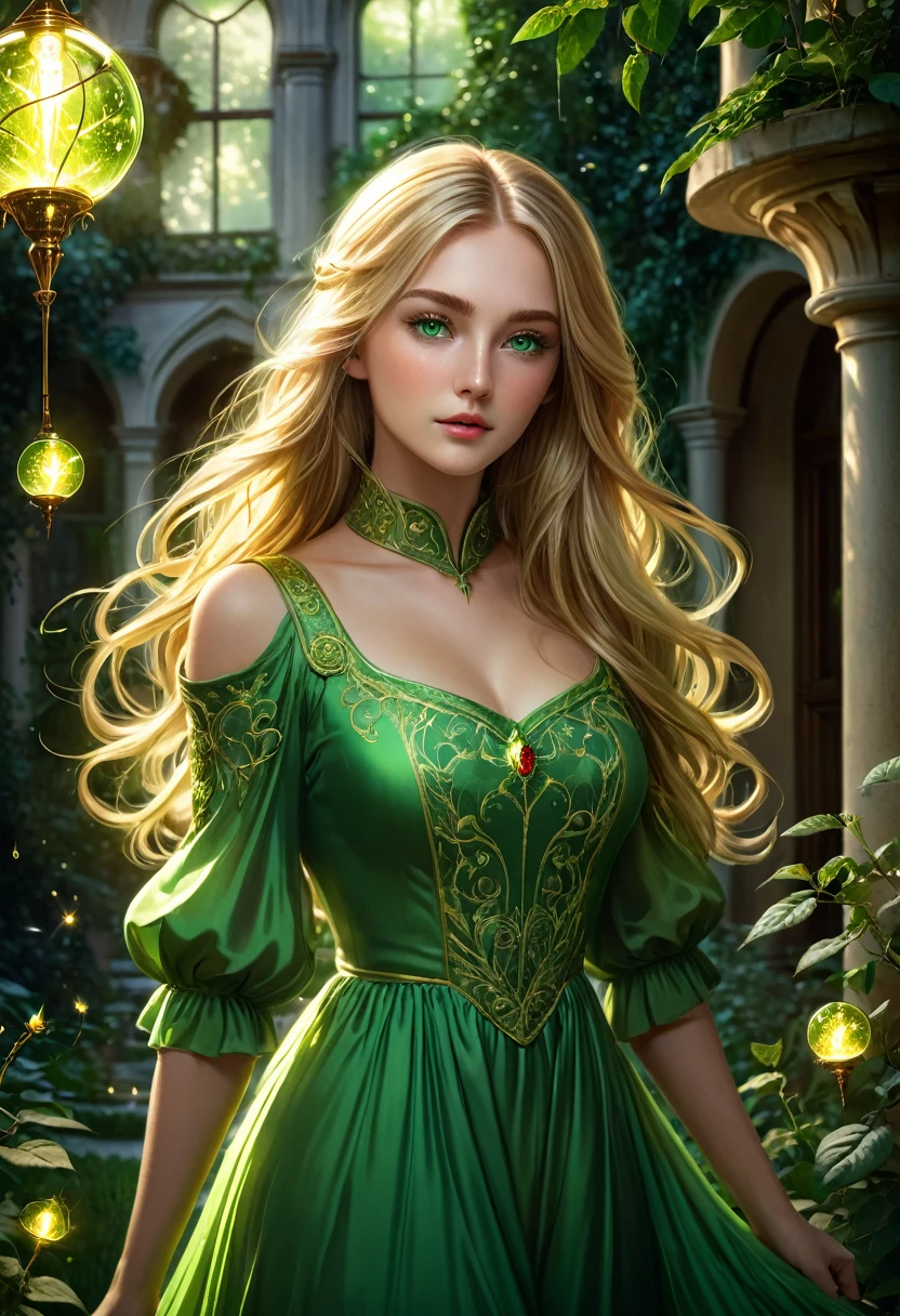 Beautiful girl, Young, 25 years, long light golden hair, green eyes, long, thick eyelashes, Light Healer, Combat, Strong, in a simple green dress from the 19th century, shining sphere in hands, in the mansion, Fireflies, trees and plants, rose with thorns, unearthly beauty, fantasy, digital art, bright light, complex parts, Focus on the face, Exquisite, sharpness, depth, photorealism, professional photo, cgi, diffuse reflection, full hd wallpaper, epic, 64k, f/16, 1/300s, s750, HDR, ultrahd, 50mm lens