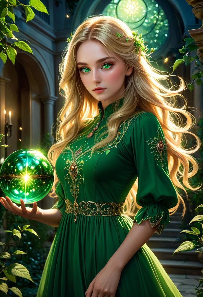 Beautiful girl, Young, 25 years, long light golden hair, green eyes, long, thick eyelashes, Light Healer, Combat, Strong, in a simple green dress from the 19th century, shining sphere in hands, in the mansion, Fireflies, trees and plants, rose with thorns, unearthly beauty, fantasy, digital art, bright light, complex parts, Focus on the face, Exquisite, sharpness, depth, photorealism, professional photo, cgi, diffuse reflection, full hd wallpaper, epic, 64k, f/16, 1/300s, s750, HDR, ultrahd, 50mm lens