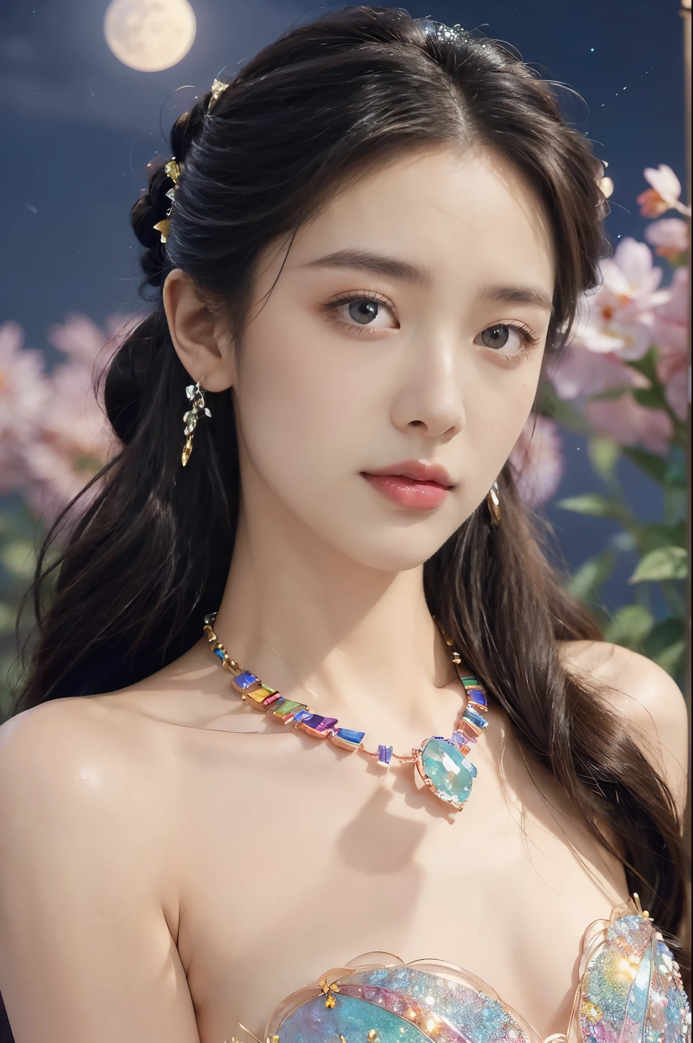 (((best quality))),(((ultra detailed))),(((masterpiece))),illustration,((1 beautiful girl,solo)),(neat chignon:1.2),((earrings,crystal necklace)),((slim,thin)),((small breasts,flat chest)),(a moon in the clear night sky as the background:1.3), gentle glow,(Standing in the world full of vibrant flowers:1.3),(strapless gorgeous sheer bra:1.3),sparkling eyes,graceful,(surrounded by crowded colorful flowers:1.5), kaleidoscope, shimmer,bright moonlight, delicate petals, fragrance, otherworldly, magical realm, enchantment, tranquility, essence of beauty, peace,(outdoor:1.2),(night scene:1.3),((from front,close-up of face))