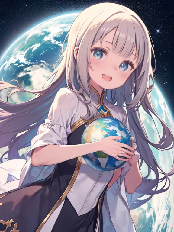 One Girl、smile、Open your mouth a little、((Hold the Earth in front of your chest with both hands、A small globe in front of the body))、Space Background、Take control of the world、Ruler、World Conquest、Upper Body、Front view、Angle from below、