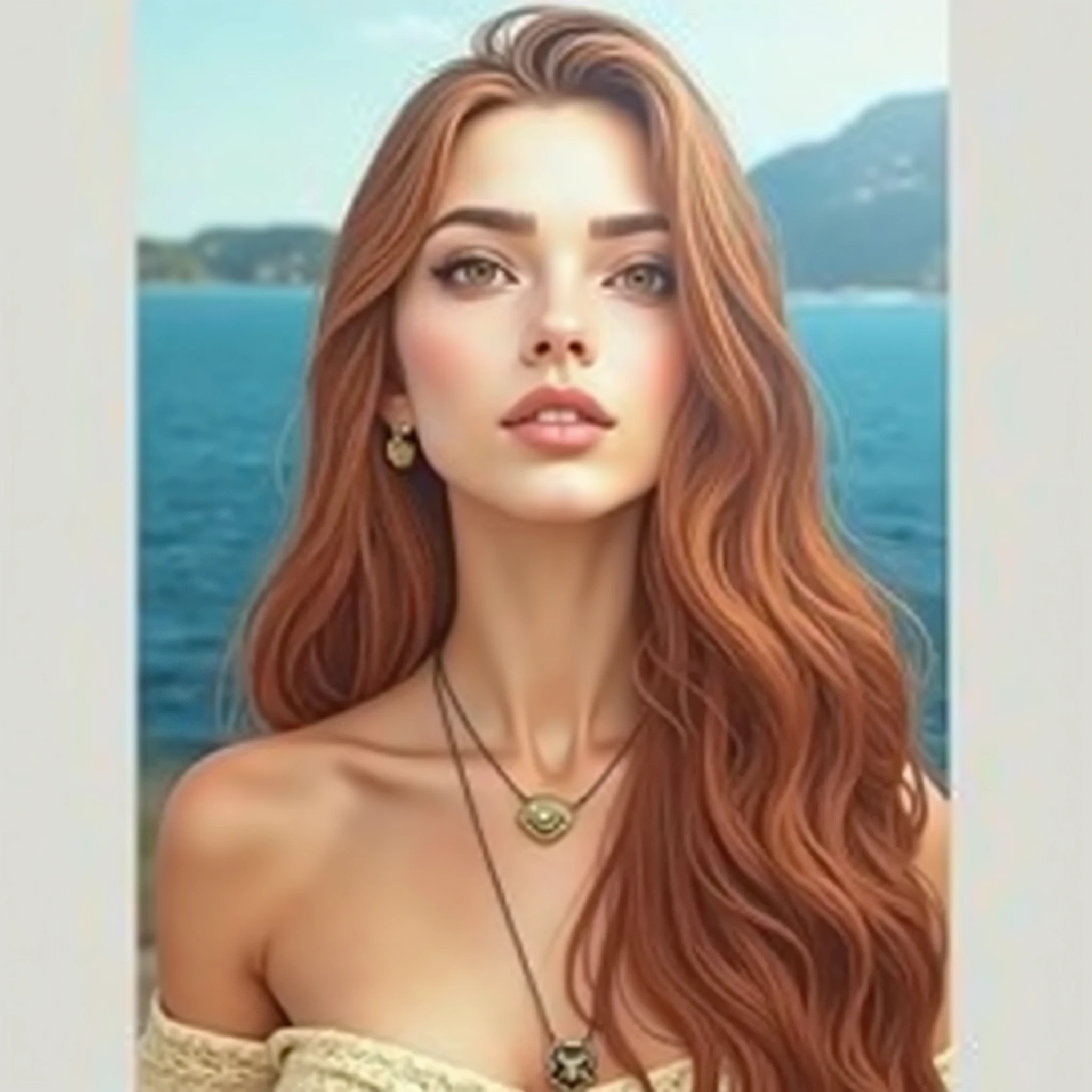 1 girl in, 19yearsold, standing alone, long hair, Colossal , looking ahead at viewer, russet hair, bared shoulders, eyes browns, jewerly, whole body, a necklace, off the shoulders, Sweaters, realisitic, A sexy