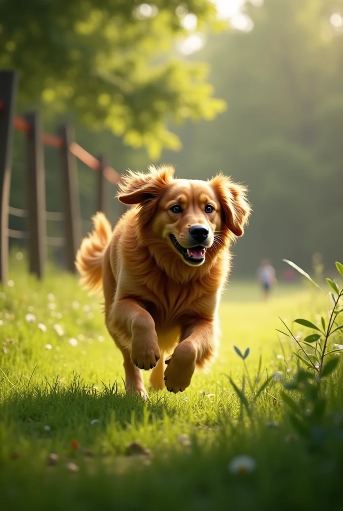 Golden Retriever、Dog park、Realistic fur、running、Realistic grass、Realistic、raw、