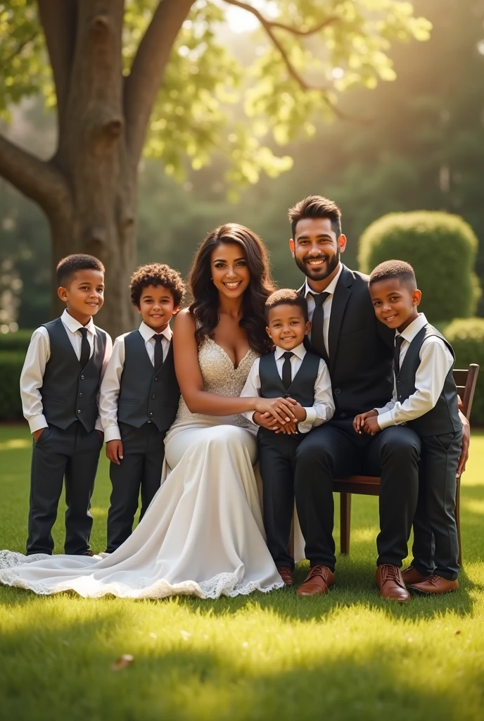 Photorealism : family picture, sitting in a yard, afternoon, warm light, brown skinned people, facing front, happy faces, woman in wedding dress, man in suit, five  in front, all boys, 