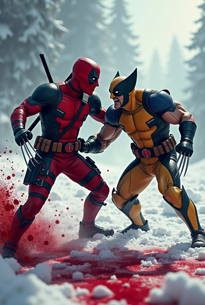 Deadpool & wolverine with a snow blood background