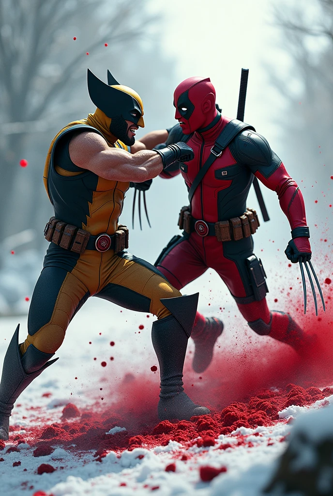 Deadpool & wolverine with a snow blood background 