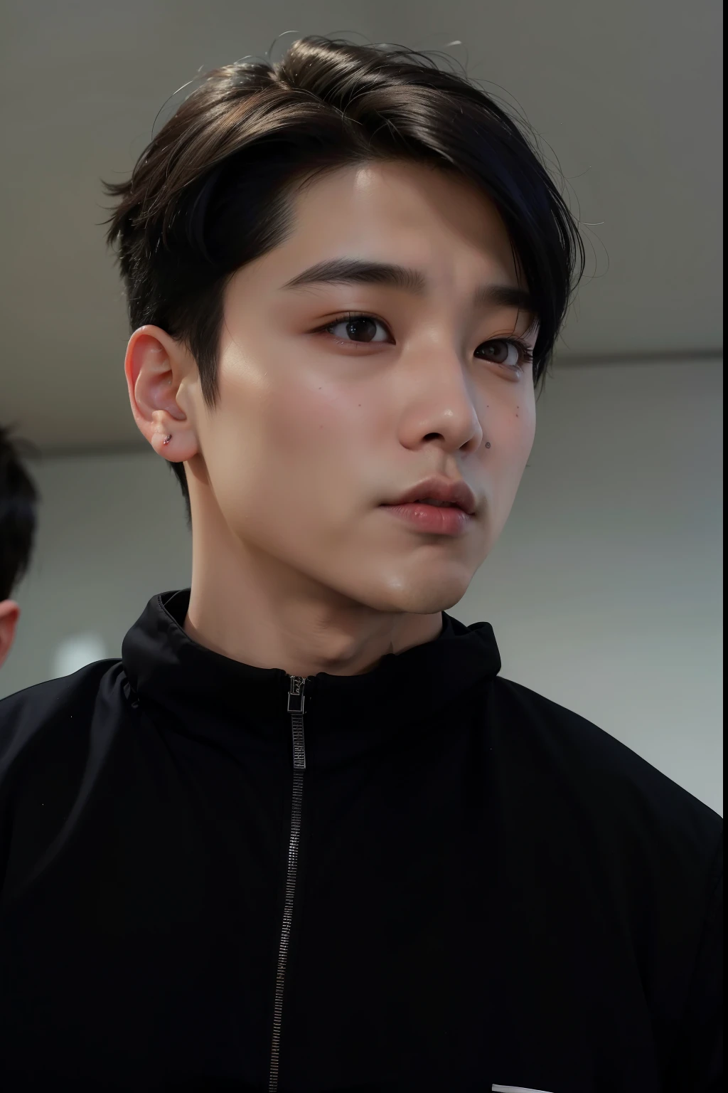 arafed asian man in black jacket and black shirt posing for a photo, Jungkook, Jimin\fleshy lips, Jimin\swollen right eyelid, hyung tae, Jimin, Jinyoung Shin, black haired yoongi, park jimin, profile image, Tae June Kim, Profile picture with headshot, ✨🕌🌙, taken at the beginning of 2020