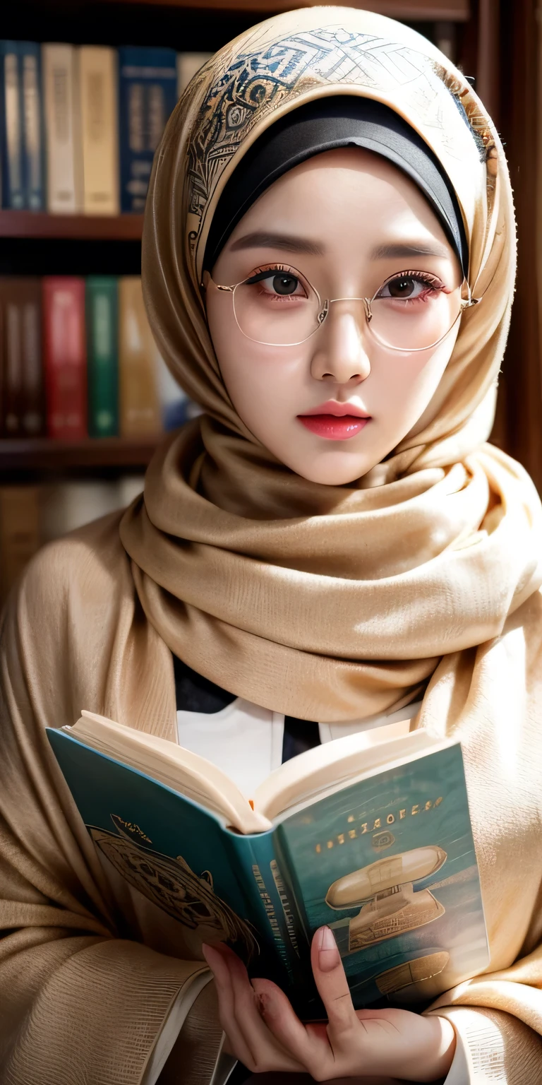 Korean girl, beautiful girl in hijab, 1 girl, perfect face, expressive eyes, makeup, eyeshadow, eyeliner, luxurious hijab, patterned hijab, hijab decoration, brooch, shiny lips, in the library, read a book, glasses