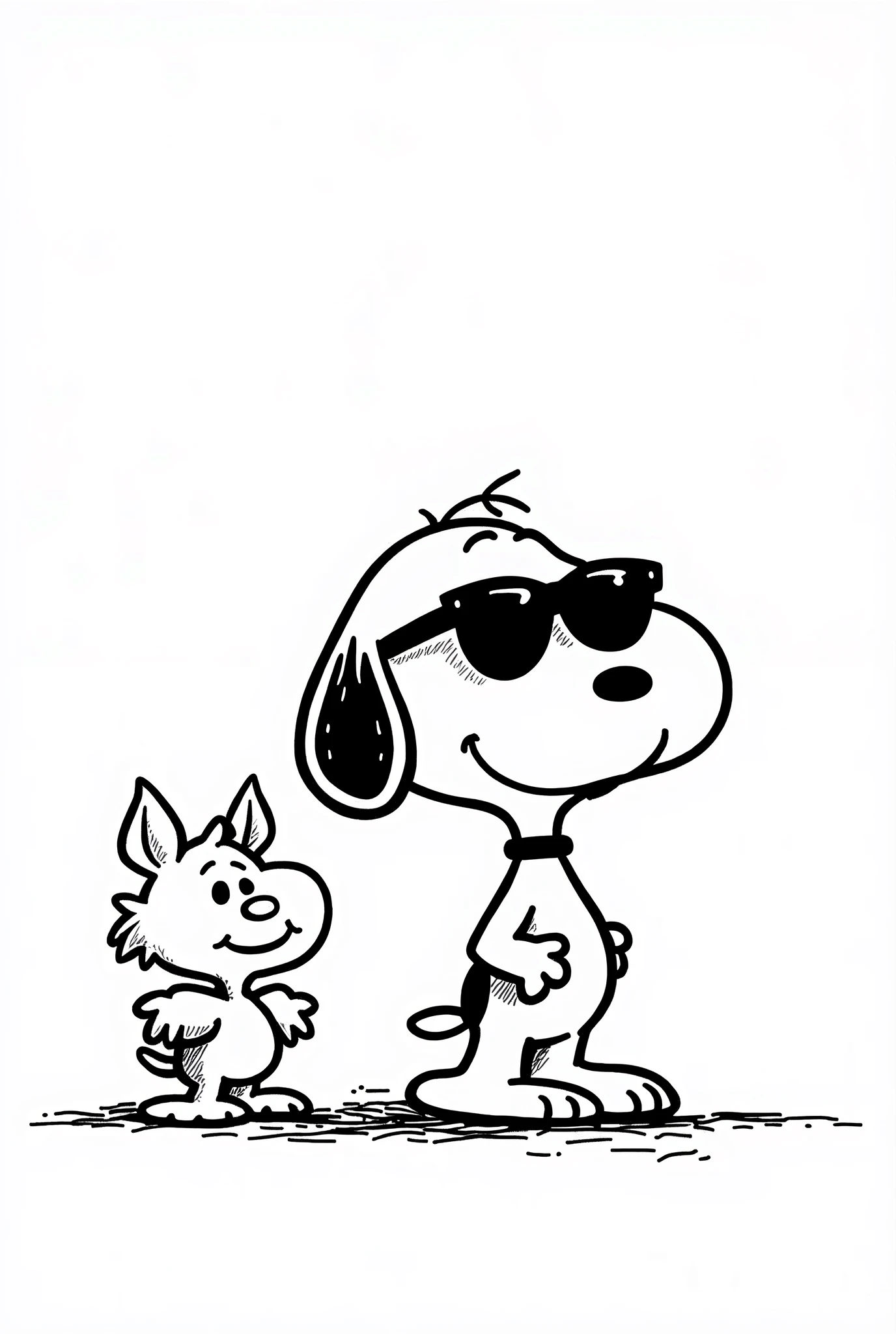 Snoopy wearing sunglasses with a cool pig, monochrome