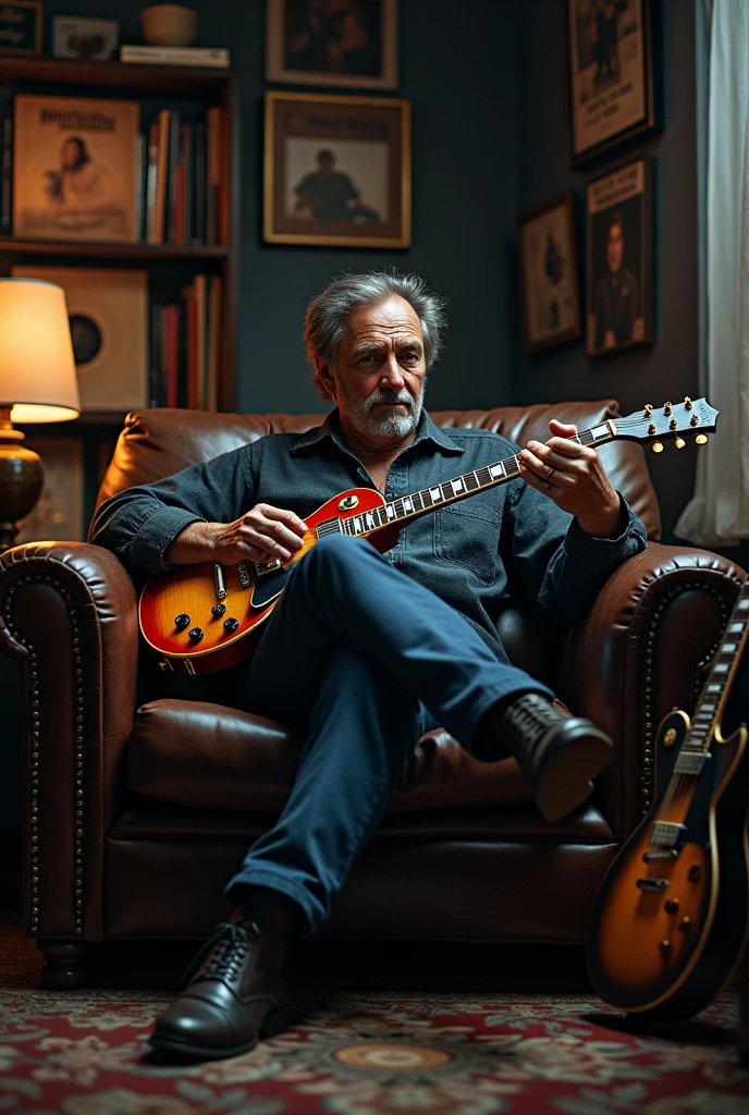 I want a blues player sitting on the couch with bottles of whiskey and his Gibson electric guitar by his side, the whiskey bottles have to appear next to the guitar, and next to it blues records by Eric Clapton and Albert King.