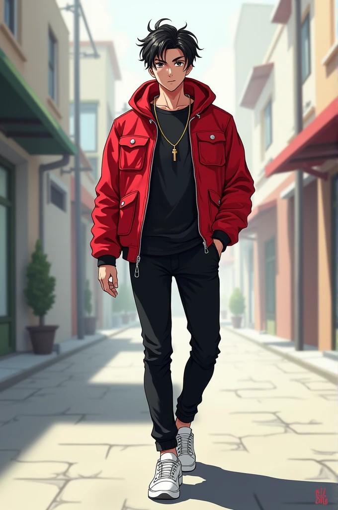 Anime handsome boy red jacket black pant white sneakers 