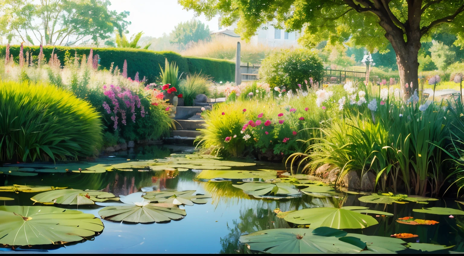 Like Monet's water lilies, scenery only, secret garden, detailed depiction, vivid flowers, spring season, dreamy beauty, breathtaking beauty, mysterious beauty, perfect lighting, sharp focus, high resolution, high resolution, high color rendering, high resolution, ultra-realistic, photorealistic