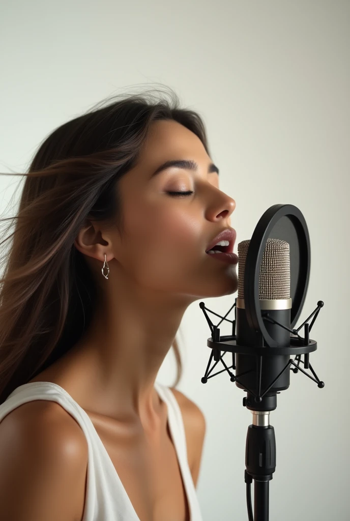 Beautiful girl singing in front of a recording microphone. The background is white.
