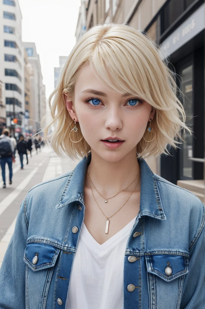 Pure white beauty、Neat and clean Caucasian woman、Blonde Hair、blue eyes、Short Haircut、ウェーブのかかった髪、Denim jacket、shirt、Open your mouth a little、View your audience, Earrings, necklace, _background,City Streets Task in progress
