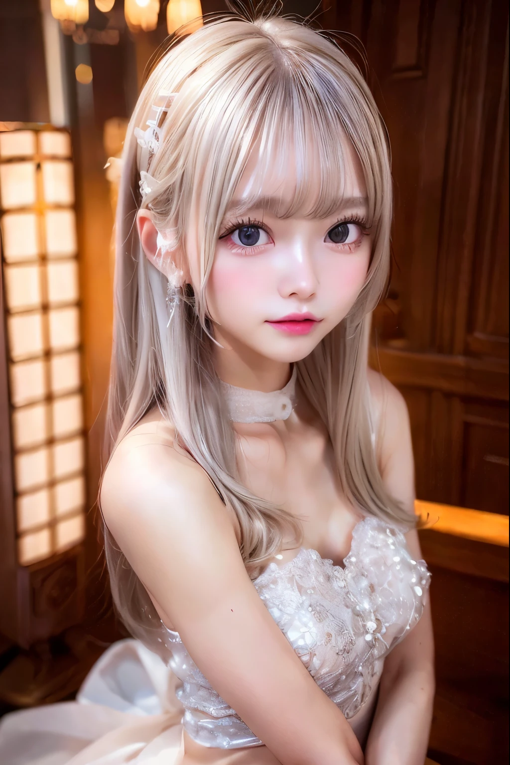 1 girl,ゴシックータ,silver straight hair, blondes, medium long hair, she is AYA MIYABI, Bishojo, looking at viewer, she is famous Japanese idol, kawaii, (mascara), eyeliner, almond eye, natural eyebrows, thin lips, Natural color lip, extremely detailed skin, fair skin, smile, cute, realistic face, slender face, beautiful skin, flat chest, clavicle, slender body, Forehead, delicate thighs, skinny legs, lean legs, Best quality, (8k, RAW photo, best quality, childish face, masterpiece:1.2), ultra-detailed, (realistic, photo realistic:1.37), high detail RAW color photo, an extremely delicate and beautiful, extremely detailed(Selfie:1.1), finely detail,