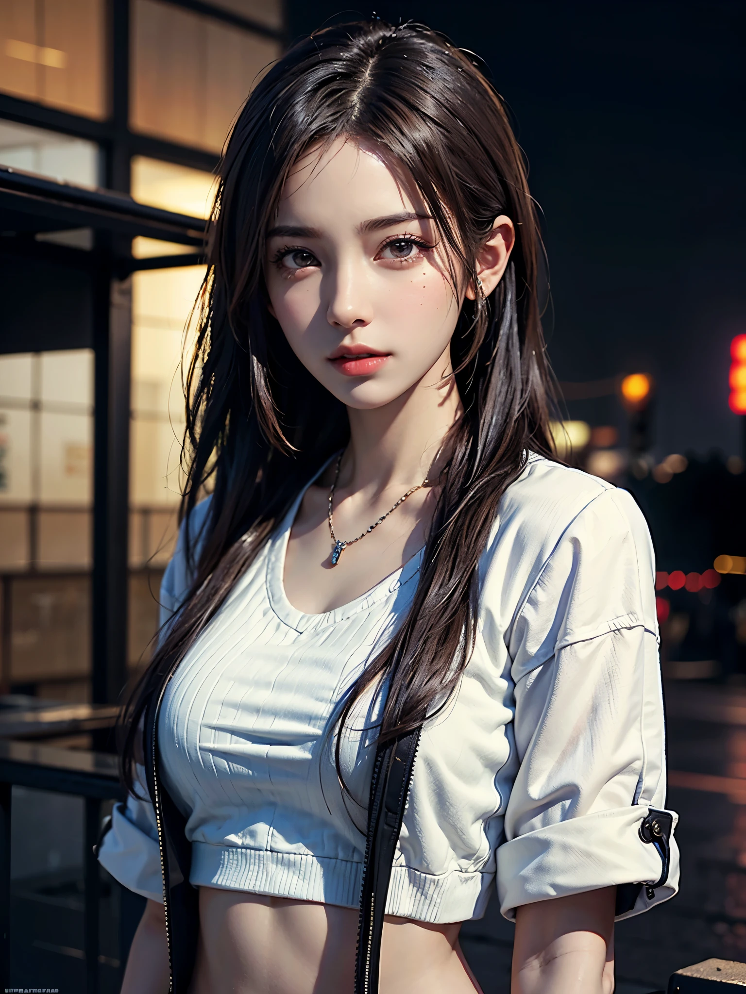 Aya Brea, One person, 一人in, Crop top jacket, bracelet, necklace, Looking_in_Audience, Realistic, upper_body, (masterpiece:1.2), (Highest quality), (Super detailed), (8k, 4K, intricine), (Very detailed:1.2),(Detailed face:1.2), (Urban Background), (Ultra HD Wallpaper)
