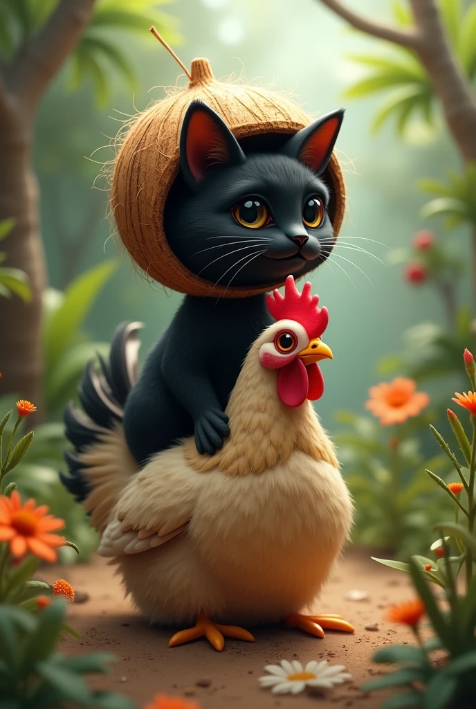 Black cat with coconut helmet on head named cocojumbo sits on chicken
