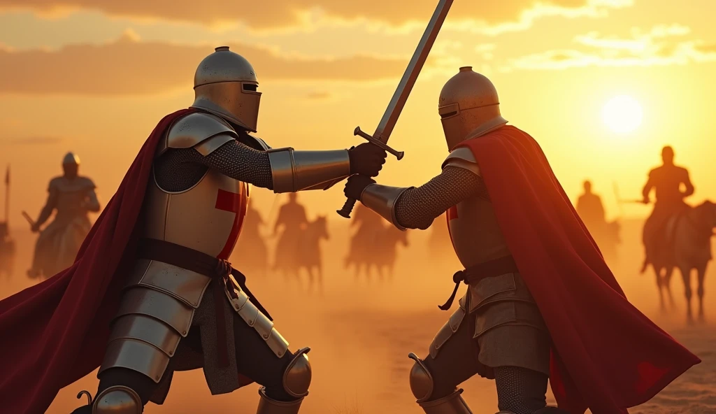 A highly realistic, high-contrast, 8K HD, detailed, hyper-detailed image. Two Crusader knights are locked in a fierce battle on a desert battlefield at sunset. The first knight, bearing a red cross on his chest, is in mid-motion as he is struck by the enemy's sword. His body twists slightly from the force of the blow, his armor denting and blood beginning to seep from the wound. His face is partially visible, showing a mix of shock and determination as he struggles to stay on his feet. The enemy knight, with a menacing stance and obscured face beneath a helmet, delivers the blow with brutal precision. The background captures the chaos of war, with dust rising from the desert floor and the silhouettes of other knights fighting in the distance. The setting sun casts a fiery glow across the scene, highlighting the intensity and desperation of the moment. The image is of the highest quality, with ultra-high resolution, RAW photo quality, and Unreal Engine rendering, vividly capturing the brutal reality of combat.