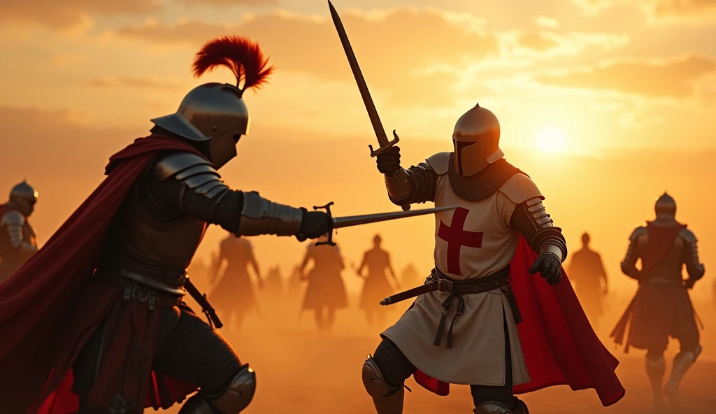 A highly realistic, high-contrast, 8K HD, detailed, hyper-detailed image. Two Crusader knights are locked in a fierce battle on a desert battlefield at sunset. The first knight, bearing a red cross on his chest, is in mid-motion as he is struck by the enemy's sword. His body twists slightly from the force of the blow, his armor denting and blood beginning to seep from the wound. His face is partially visible, showing a mix of shock and determination as he struggles to stay on his feet. The enemy knight, with a menacing stance and obscured face beneath a helmet, delivers the blow with brutal precision. The background captures the chaos of war, with dust rising from the desert floor and the silhouettes of other knights fighting in the distance. The setting sun casts a fiery glow across the scene, highlighting the intensity and desperation of the moment. The image is of the highest quality, with ultra-high resolution, RAW photo quality, and Unreal Engine rendering, vividly capturing the brutal reality of combat.

