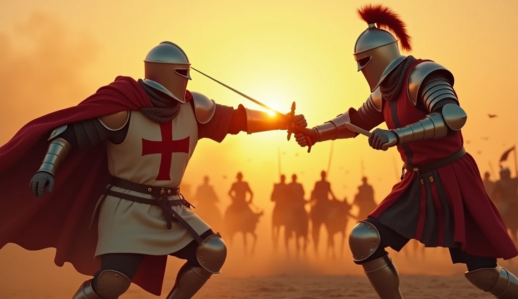 A highly realistic, high-contrast, 8K HD, detailed, hyper-detailed image. Two Crusader knights are locked in a fierce battle on a desert battlefield at sunset. The first knight, bearing a red cross on his chest, is in mid-motion as he is struck by the enemy's sword. His body twists slightly from the force of the blow, his armor denting and blood beginning to seep from the wound. His face is partially visible, showing a mix of shock and determination as he struggles to stay on his feet. The enemy knight, with a menacing stance and obscured face beneath a helmet, delivers the blow with brutal precision. The background captures the chaos of war, with dust rising from the desert floor and the silhouettes of other knights fighting in the distance. The setting sun casts a fiery glow across the scene, highlighting the intensity and desperation of the moment. The image is of the highest quality, with ultra-high resolution, RAW photo quality, and Unreal Engine rendering, vividly capturing the brutal reality of combat.