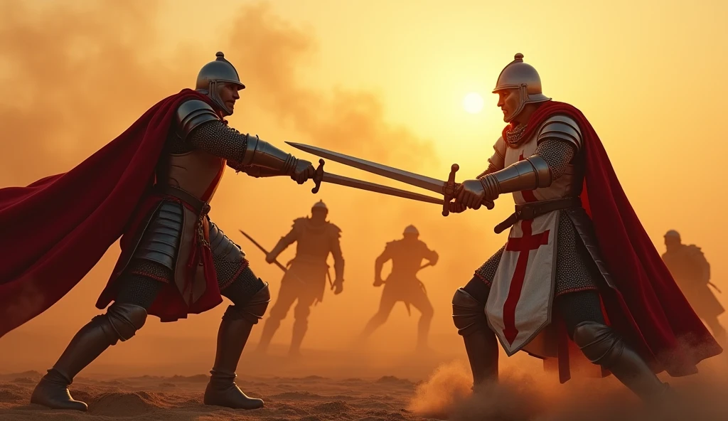 A highly realistic, high-contrast, 8K HD, detailed, hyper-detailed image. Two Crusader knights are locked in a fierce battle on a desert battlefield at sunset. The first knight, bearing a red cross on his chest, is in mid-motion as he is struck by the enemy's sword. His body twists slightly from the force of the blow, his armor denting and blood beginning to seep from the wound. His face is partially visible, showing a mix of shock and determination as he struggles to stay on his feet. The enemy knight, with a menacing stance and obscured face beneath a helmet, delivers the blow with brutal precision. The background captures the chaos of war, with dust rising from the desert floor and the silhouettes of other knights fighting in the distance. The setting sun casts a fiery glow across the scene, highlighting the intensity and desperation of the moment. The image is of the highest quality, with ultra-high resolution, RAW photo quality, and Unreal Engine rendering, vividly capturing the brutal reality of combat.