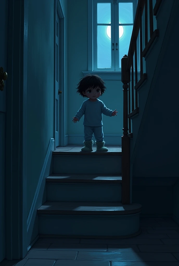 A child walking down the stairs at night