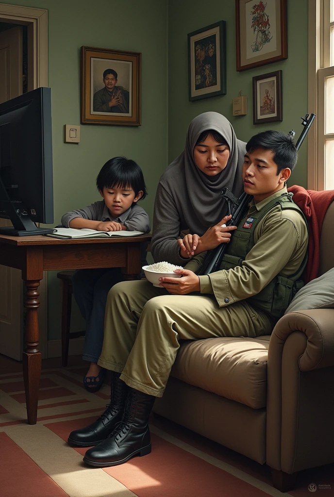 A soldier is holding a sniper. His mother is feeding him rice. Son is studying and daughter is watching TV.