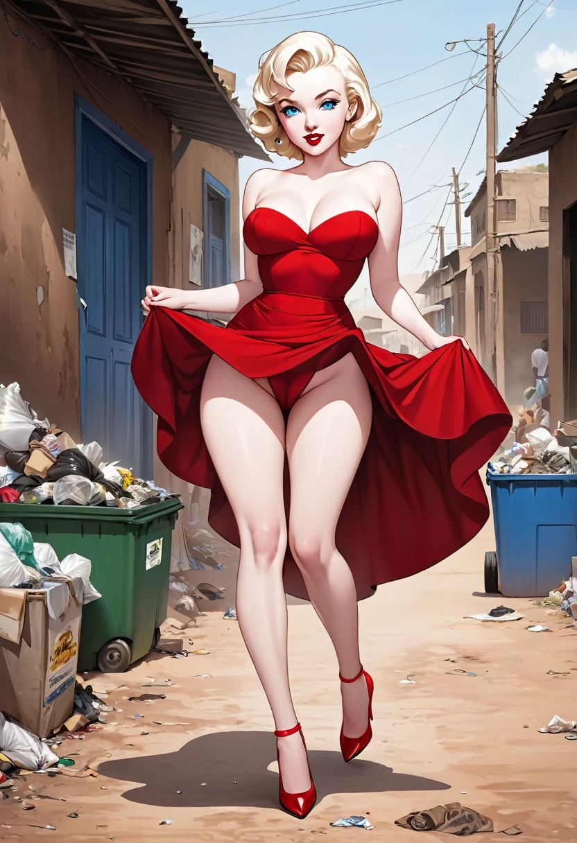 masterpiece, small size head, pinup,Marilyn Monroe, pale skin, blue eyes, stunning, wearing red royal dress, stockings ,red stilettos ,thick calves, long thick legs , big ass. She is walking in poor african Town with a Lot of garbage and african people.