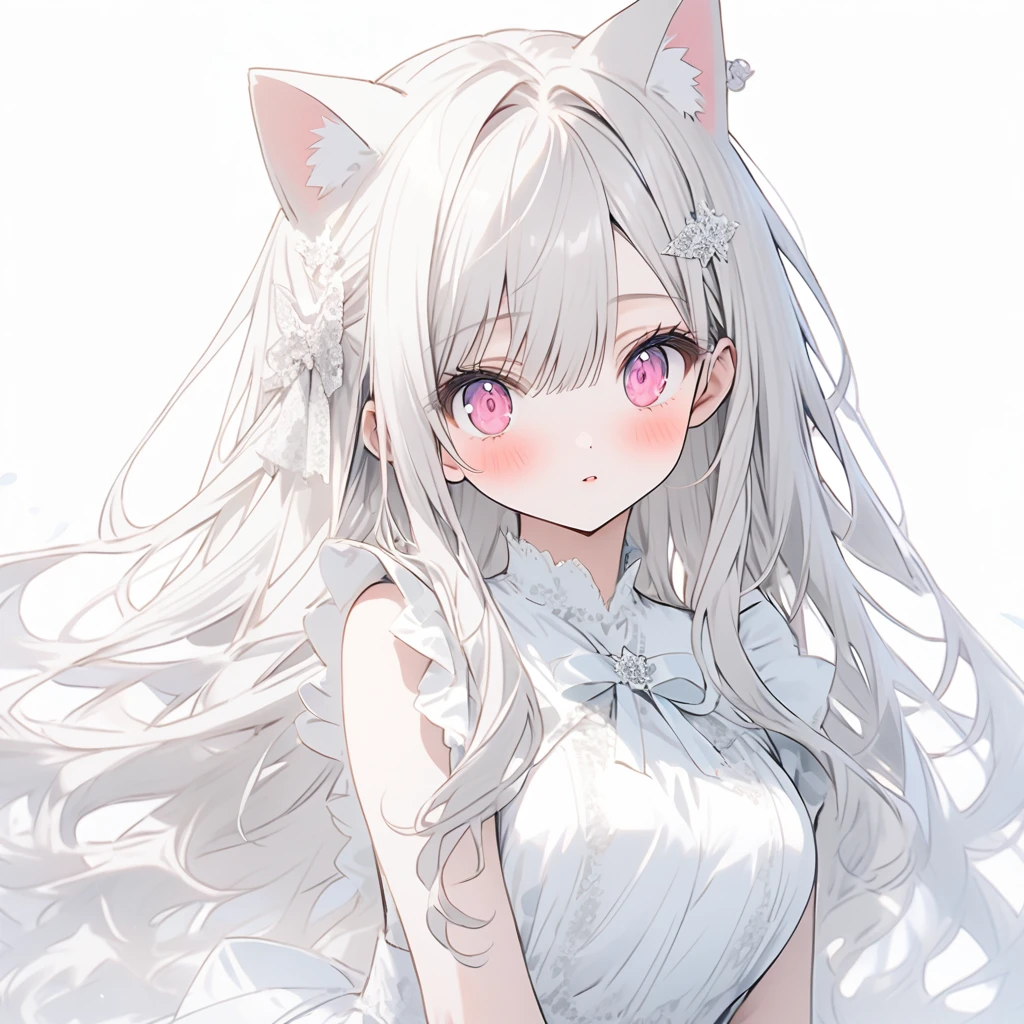 white髪の美しい少女,white色のドレス,Pink eyes,white,white,Large Breasts,Cat ear,long hair,Long Hair,white髪、