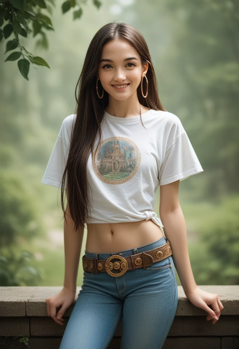 masterpiece, best quality, ultra-detailed, illustration, 1girl, icywinx, solo, very long hair, loose crop shirt, short sleeves, jeans, belt, hoop earrings, navel, fantasy, cowboy shot, smile, closed mouth, fantasy worlds, composition,