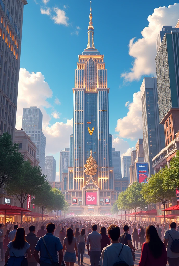 Make a banner of biggest mall and her name is LV mall on the top centre of her mall and so much people are looking this mall with happiness and crowd and go in this mall for shopping.