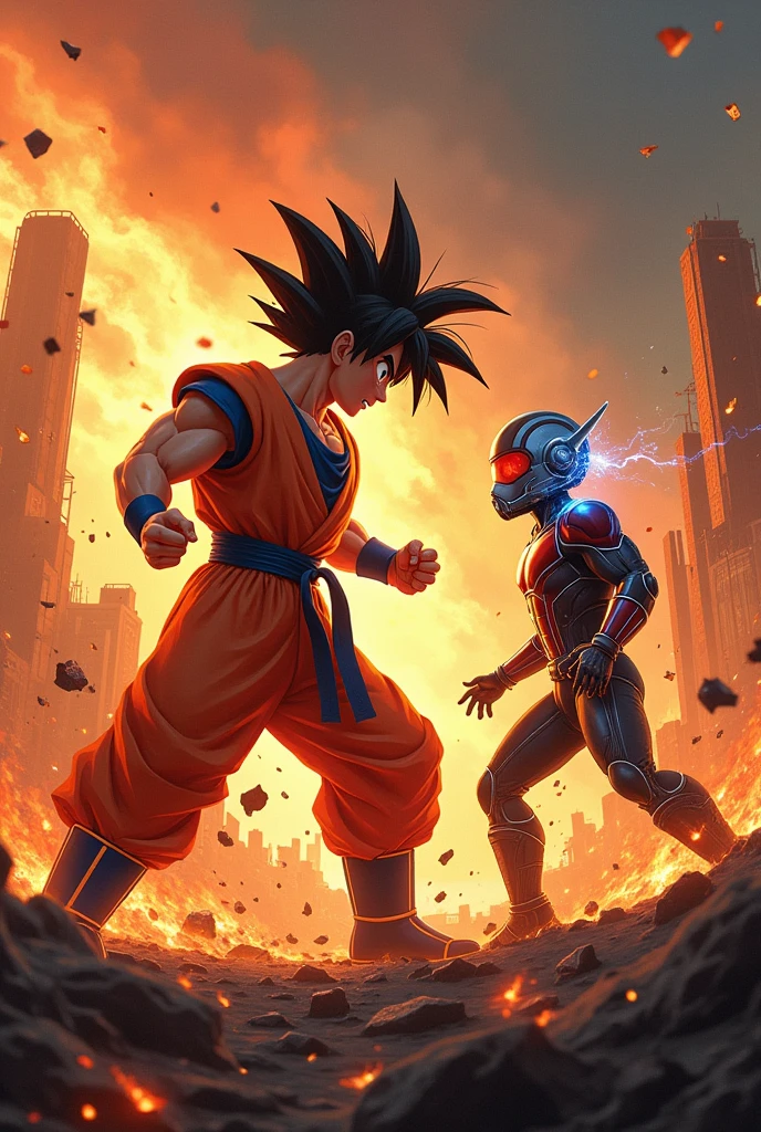 Goku Ultra Instinct vs Ant-Man, both are angry on the battlefield with fire all around.