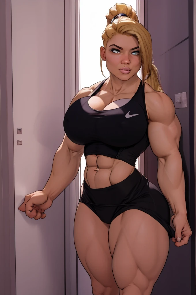 Best_QualityPos, RAW photo, intricate details, best quality, 8k uhd, bright lighting, 1girl, solo, beefy blonde personal bodyguard, (looking with reverence), ponytail hairstyle, Dunja Bitar, in a tight tactical wear, in front of home door, bulky muscular female, top filled too tight, fake tits pressed in a too tight top (breast implants, fake , unaligned breasts, perfectly round breasts), with taut top fabric stretching over chest, in a sexy pose, big breast implants, extremely huge thighs