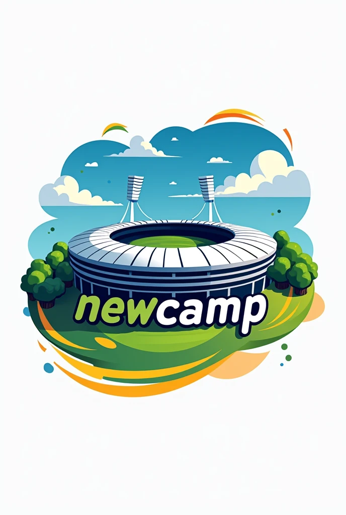 Create a logo with the word "NEW CAMP". Include a soccer stadium as a central element, highlighting it in the design. The logo must have a modern and dynamic style, with vibrant colors and a bold, legible font for "NEW CAMP". Design must capture the energy and emotion of the sport.