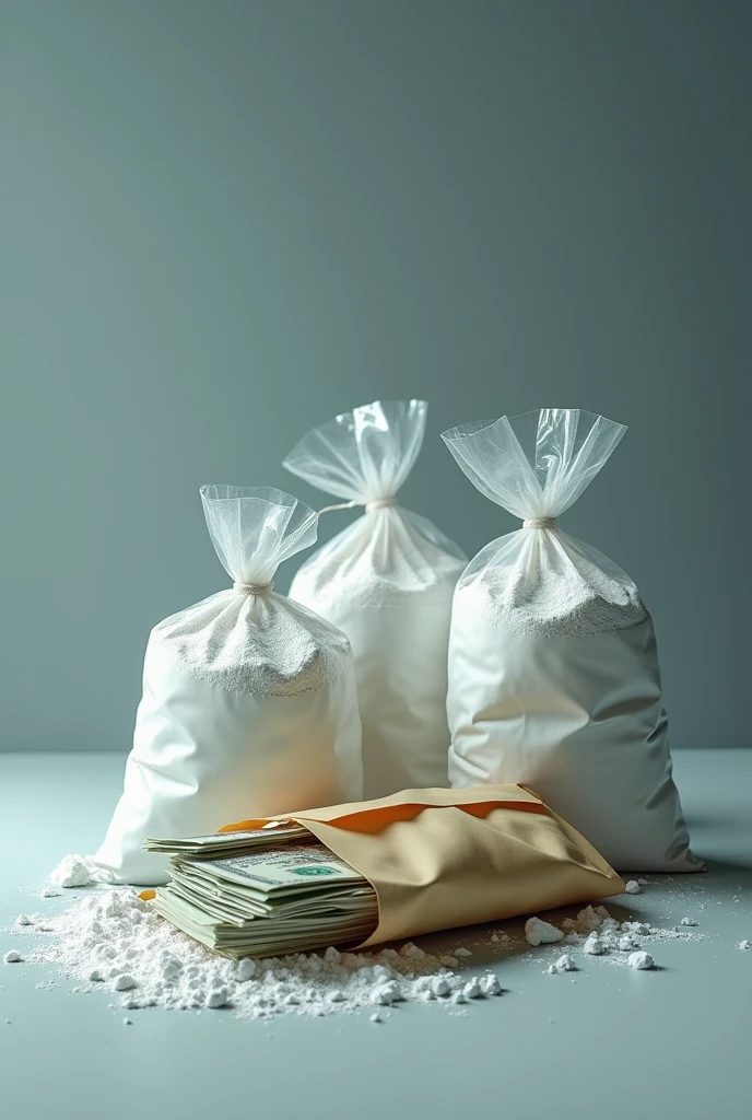 Animated photo of a plastic bags full of cocaine and an envelope that is full of cash