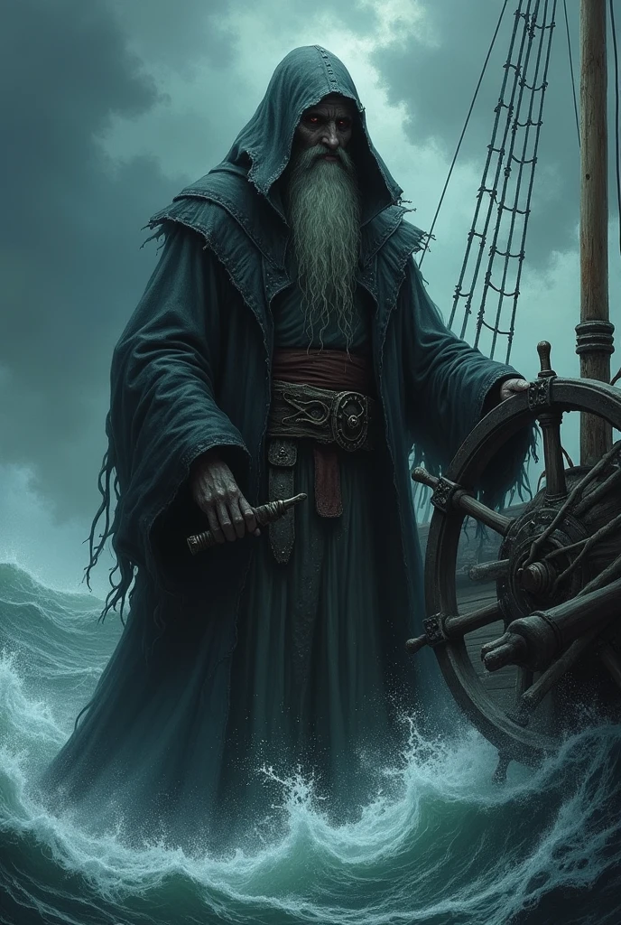 A ghostly sea captain with hollow eyes and a long, tattered coat stands on the deck of the Flying Dutchman. His face is weathered and gaunt, with a long, scraggly beard. He grips a rusted sword in one hand, while his other hand clutches the ship’s ancient wheel, guiding his cursed vessel through a stormy sea.