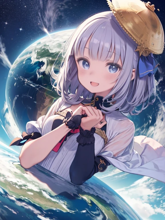 One Girl、smile、Open your mouth a little、((Hold the Earth in front of your chest with both hands、A small globe in front of the body))、Take control of the world、Ruler、World Conquest、Upper Body、Front view、Angle from below、