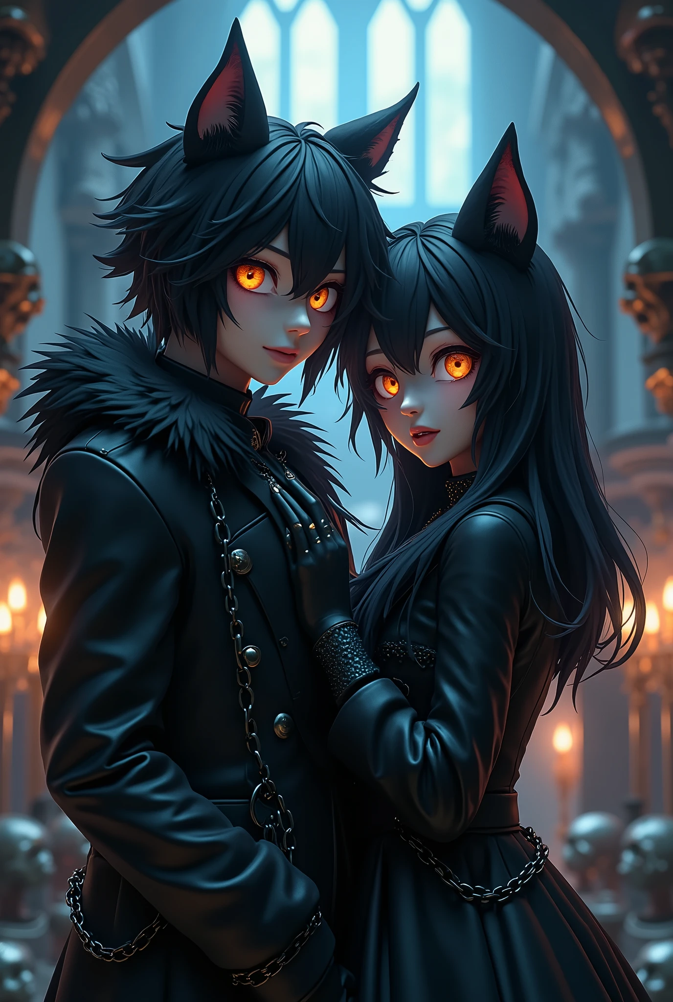 (a straight anime couple: 1.5, dark style, large eyes, Small pieces, fluffy black fur), (dark gothic, Victorian Gothic Steampunk Style, with chained hands, chains:1.5), Dark, ambiente oscuro con decoraciones de calaveras 32K, Fairy tale: 1.4, camera cut: 1.4, ((dream atmosphere, soft light and magic:1.3)), ((imaginative scene)),((perfect, meticulously detailed.:1.3)), ((full shot: 1.4)), ((Best Quality)) , ((masterpiece)), 3D, (hyper detailed: 1.3), ((epic landscape: 1.3)), ((night background: 1.3 ))), (((the night:1.2))), (photorealistic: 1,4), ((Frontal camera)),( (Low light night cinema lighting: 1,2)). 32K.