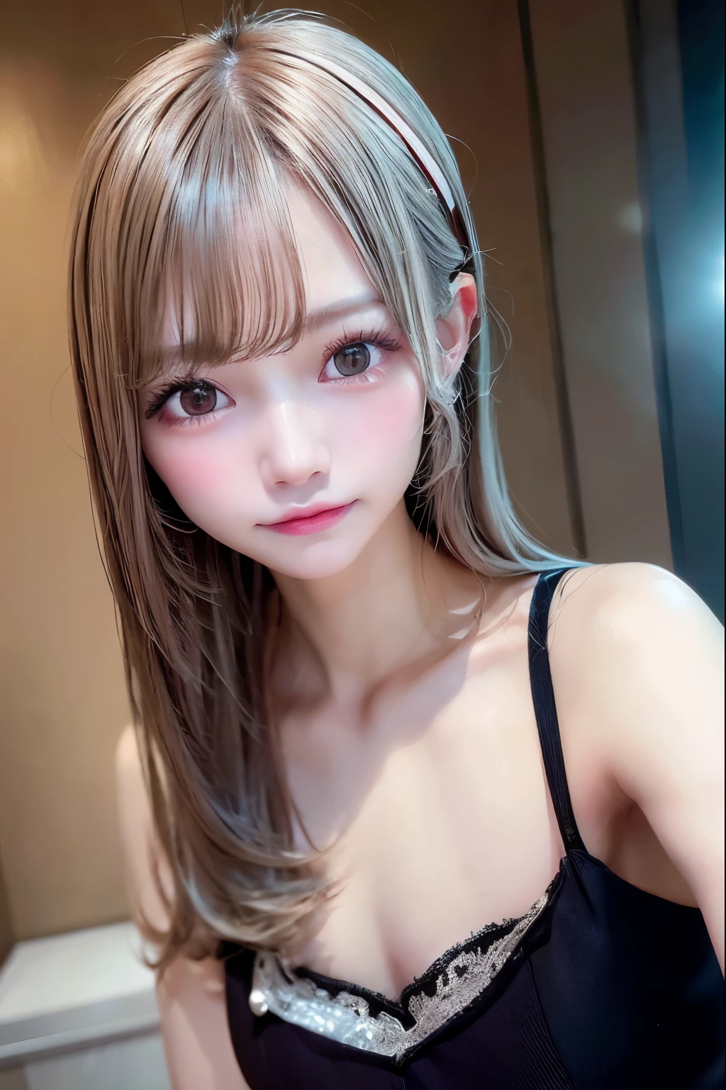 1 girl,ゴシックータ, 黒いドレス, メイド, メイド服,silver straight hair, blondes, medium long hair, she is AYA MIYABI, Bishojo, looking at viewer, she is famous Japanese idol, kawaii, (mascara), eyeliner, almond eye, natural eyebrows, thin lips, Natural color lip, extremely detailed skin, fair skin, smile, cute, realistic face, slender face, beautiful skin, flat chest, clavicle, slender body, Forehead, delicate thighs, skinny legs, lean legs, Best quality, (8k, RAW photo, best quality, childish face, masterpiece:1.2), ultra-detailed, (realistic, photo realistic:1.37), high detail RAW color photo, an extremely delicate and beautiful, extremely detailed(Selfie:1.1), finely detail,