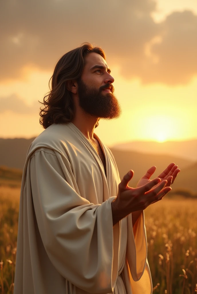 A realistic, photo-like scene of a bearded man resembling a classic depiction of Jesus Christ, standing in a field at sunrise or sunset. His body is slightly turned to the right, not fully facing the viewer but at a gentle angle, with his right side more visible. His both arms are outstretched in a welcoming gesture like he was praying and his head is tilted slightly upward, with his gaze directed toward the sky. He has long, wavy brown hair and a well-groomed beard, with a calm and compassionate expression on his face. He is dressed in flowing white robes that drape naturally over his body, with realistic folds and textures. The warm, golden light of the sun reflects off his right side, casting a gentle, lifelike glow on his face and robes. The background features realistic rolling hills and a vast sky with a mix of clouds and soft sunlight, enhancing the tranquil and divine ambiance of the scene.