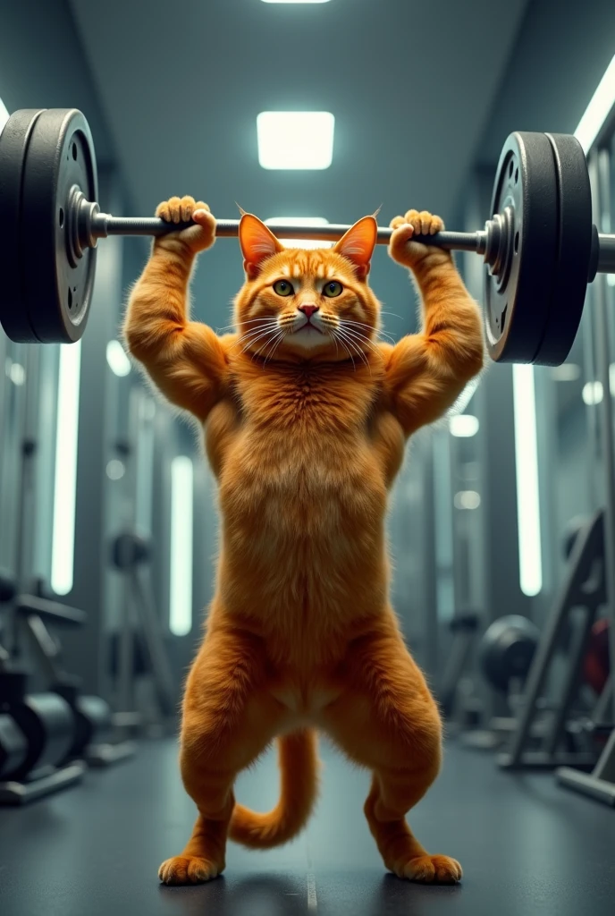 orange cat weightlifting at the gym