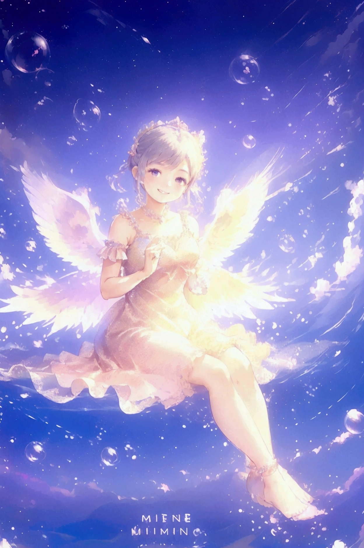 ((Girl floating in the starry sky))、((Multiple Bubbles))、((Beautiful in the middle))、((She has very large wings))、((She smiles sweetly at me))、((She is wearing a dress))、She is sitting on a cloud