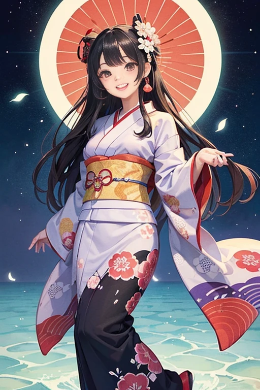A beautiful woman smiles and shows her upper white teeth、Vividly colored Japanese Ukiyo-e style illustrations、(SeaArt creates stunning illustrations of beautiful women in kimono)、Brown-black long hair、Beautiful full body style、Let&#39;s dance a little Tokyo Ondo Yoiyoi、Beautiful digital painting,、Bright vibrant digital anime art、 Detailed digital anime art、 Beautiful anime portraits、background、Torii gate of a shrine in Kyoto, Japan、Detailed CG、