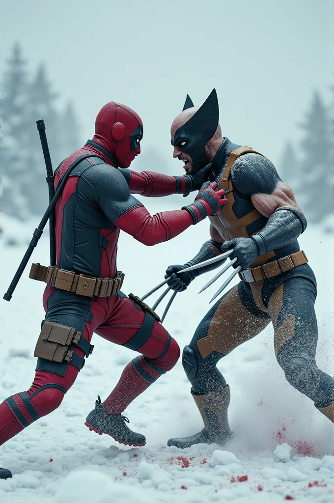 Deadpool & wolverine with do fight with snow blood background 