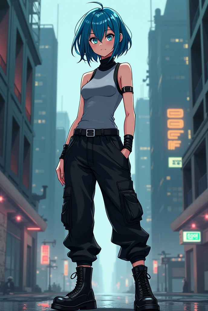 a girl wears black scarf, sleeveless gray turtleneck with black stripe at the end of shoulders, black belt, black jogger cargo pants, black combat boots. She has blue short hair, her bangs is covered her left eye, teal color eyes. in anime art style